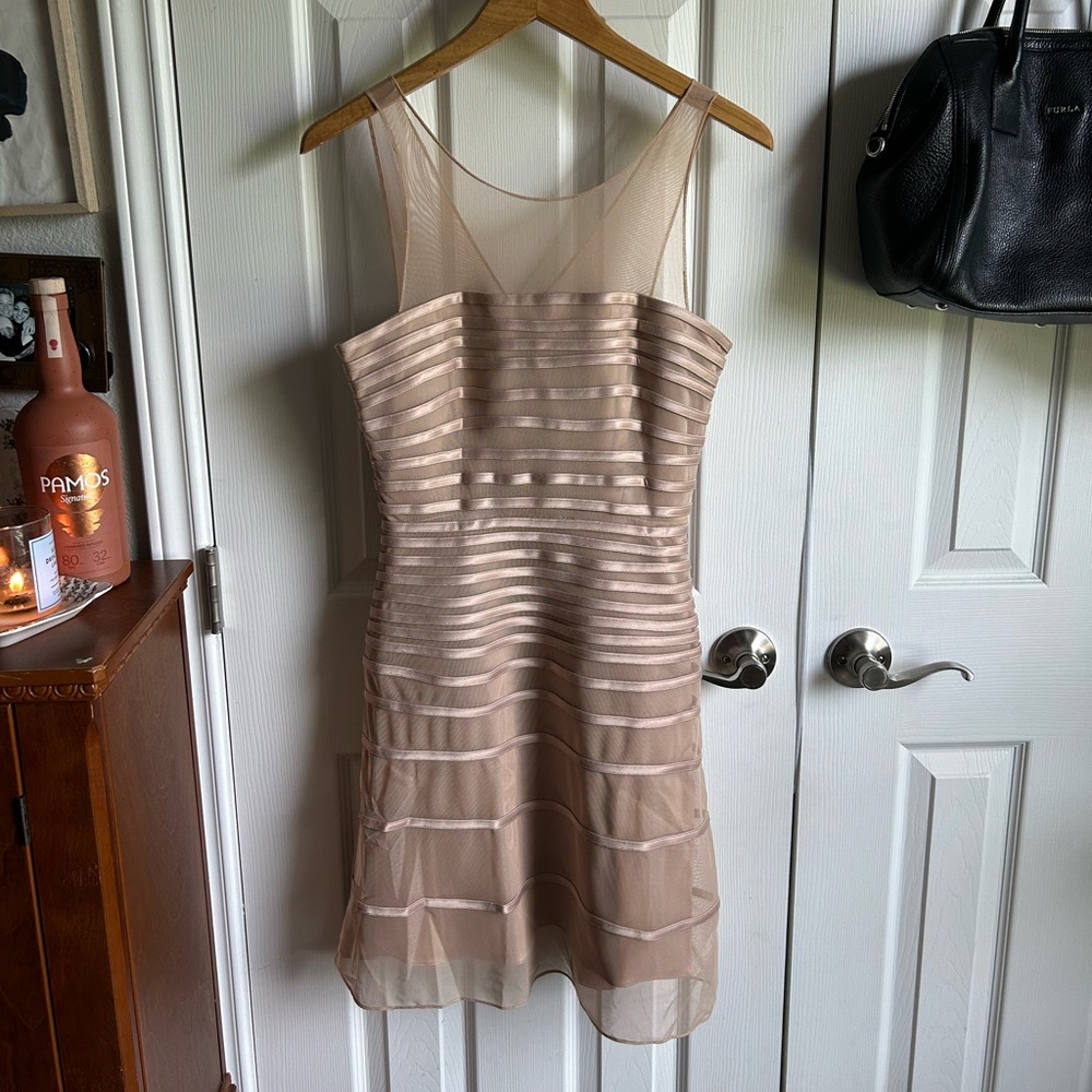 champagne beige bandage striped mesh lined dress glam formal night out